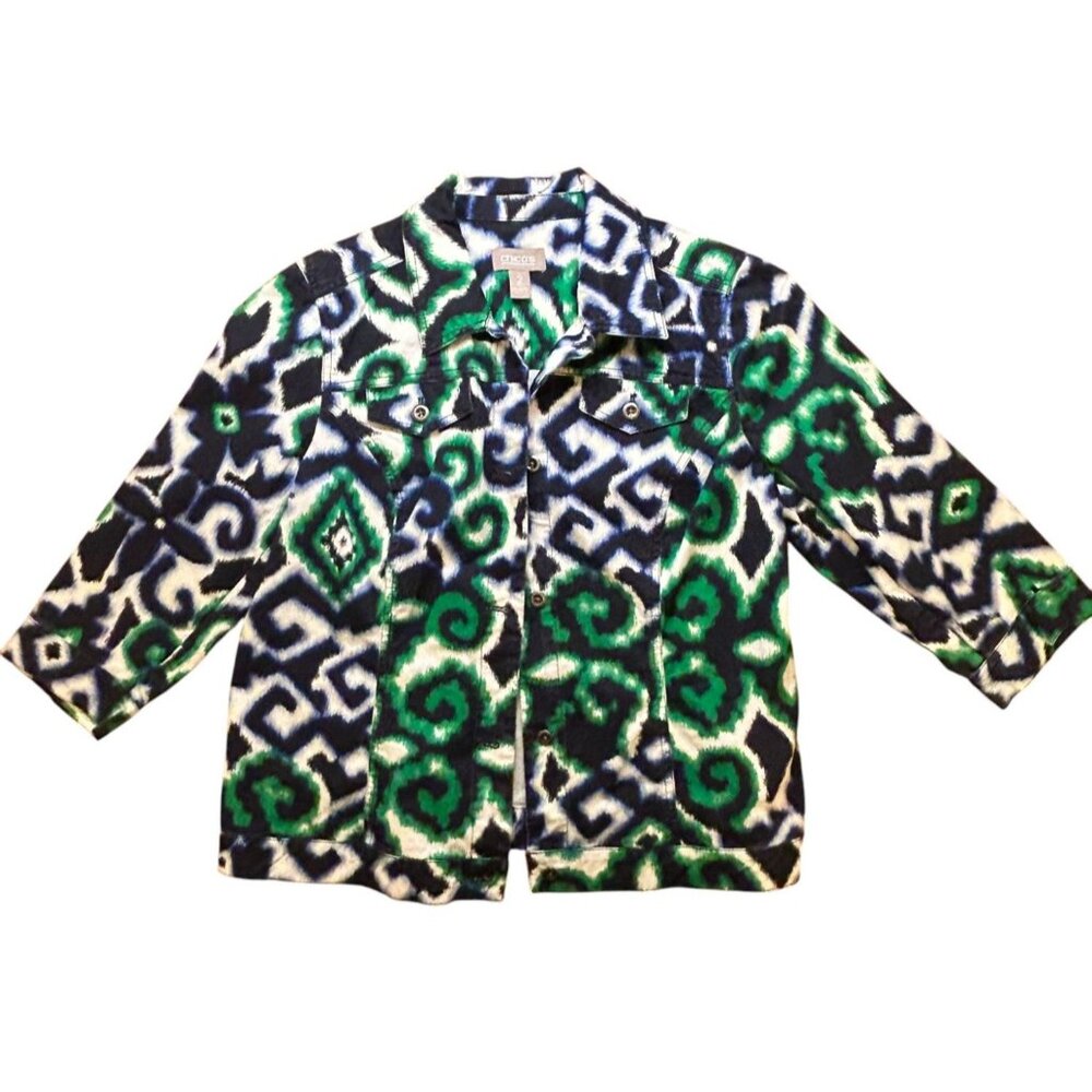 Chicos Womens Multicolor Ikat Print Jacket Size 2 Cotton Blend - Picture 2 of 6